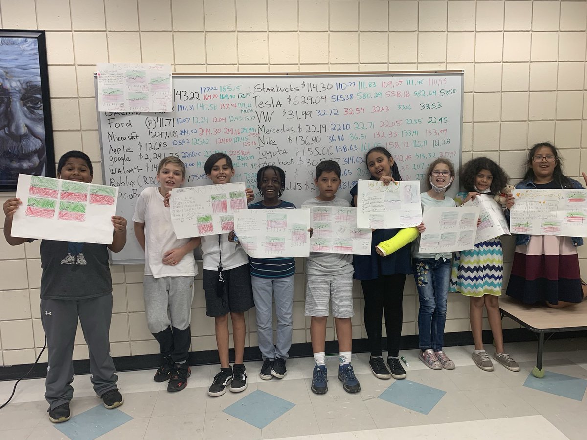 Bayhooker's tweet photo. Spent the last 2weeks of school tracking some student chosen stocks. Gave them “$1k” to spend some even chose fractional shares! Most of them “made” money! Aka GREEN DAYS!  They were so excited to learn about the market and how to track stocks. 
#makemathfun
#futuretraders https://t.co/LnbQO27DkQ