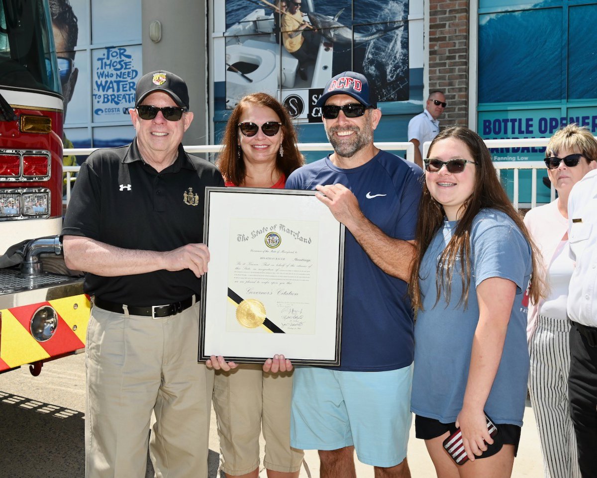 GovLarryHogan's tweet image. It was my honor to present a governor’s citation to Jonathan Bauer, the humble hero who jumped 25 feet off the Maryland Route 90 bridge in Ocean City to save the life of a little girl after a crash earlier this month.