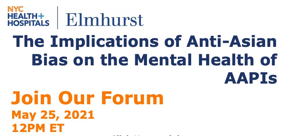 Manjinderkaur46's tweet photo. Be sure to check out the virtual forum about anti-Asian bias on #MentalHealth on Tuesday, May 25 at noon. Host @LucyYang7 will be joined by experts from @NYCHealthSystem Elmhurst. Register: https://t.co/NTisLQWRey https://t.co/owA6LY70vD