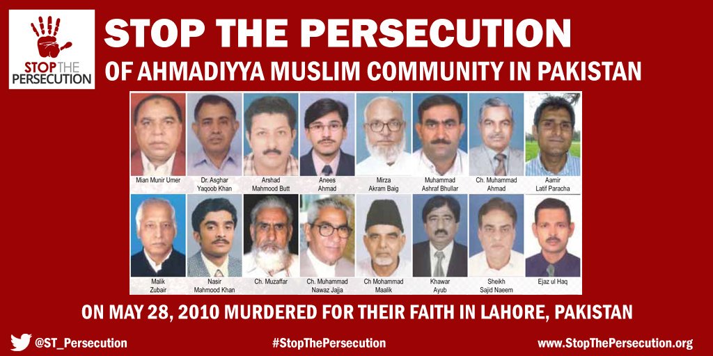 APPG_Muslim's tweet photo. On 28 May 2010, 86 Ahmadi Muslims were murdered in terrorist attacks on two Ahmadiyya Muslim Community mosques in Lahore, Pakistan, while they were offering Friday prayer. State-sponsored persecution of Ahmadi Muslims in Pakistan must end. (1/2) 
Web: https://t.co/nwXRcDqQKk https://t.co/Srd6lsfr2r