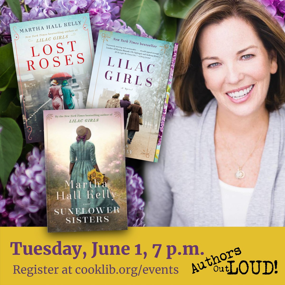 CookLibrary's tweet photo. Join us for a (virtual!) evening with @MarthaHallKelly, author of LILAC GIRLS, LOST ROSES, and her new novel SUNFLOWER SISTERS. 🌻 🌹 Register at https://t.co/0CoPnHDgTw
#authorsoutloud #fridayflora #CMPLD https://t.co/R30ybyKBGn