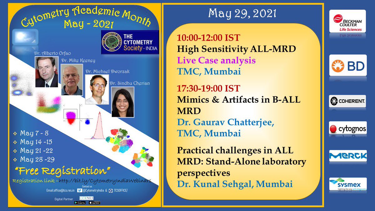 Join us tomorrow for a workshop on ALL MRD at 10am followed by evening session with an interesting talk on Mimics in B-ALL MRD by @Gaurav_C42 and a talk on practical challenges of MRD reporting in a stand alone laboratory by @drkunalsehgal #Flowedu #CytometryIndia #flowcytometry