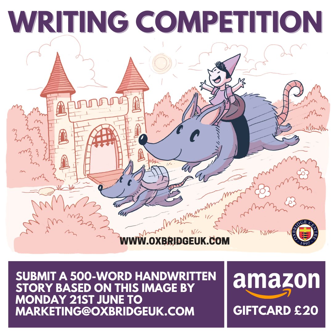 oxbridge_uk's tweet photo. Creative Writing Competition!

Prizes: 🤩
2 Winners: £20 Amazon voucher 
2 Top Runners up: £5 Amazon voucher 

Age groups: 6-9 &amp; 10-15 👍🏼

Submit a handwritten story of up to 500 words using this image as a prompt by Mon 21st June including the author's name and age.

#writing https://t.co/53RMDke0ad
