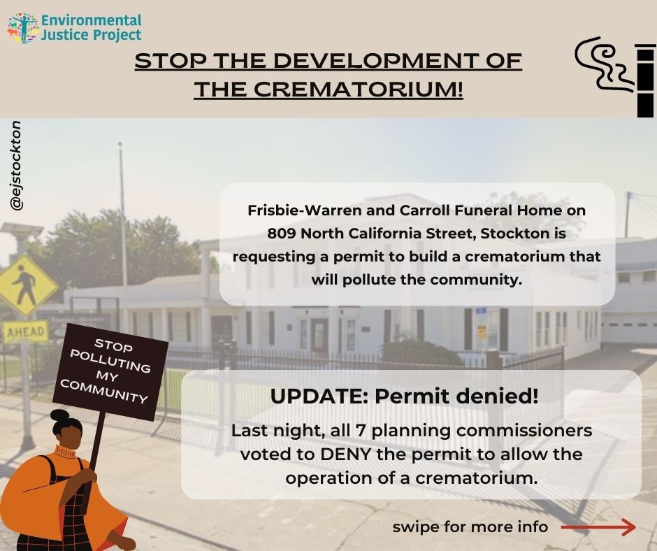 EJStockton's tweet photo. Stockton planning commissioners voted to deny a permit for the operation of a crematorium in Downtown Stockton. Crematoriums emit particulate matter, sulfur dioxide, nitrogen oxides, carbon monoxide, and mercury. This proposed project would risk the health of our community. https://t.co/GphSO8LrpQ