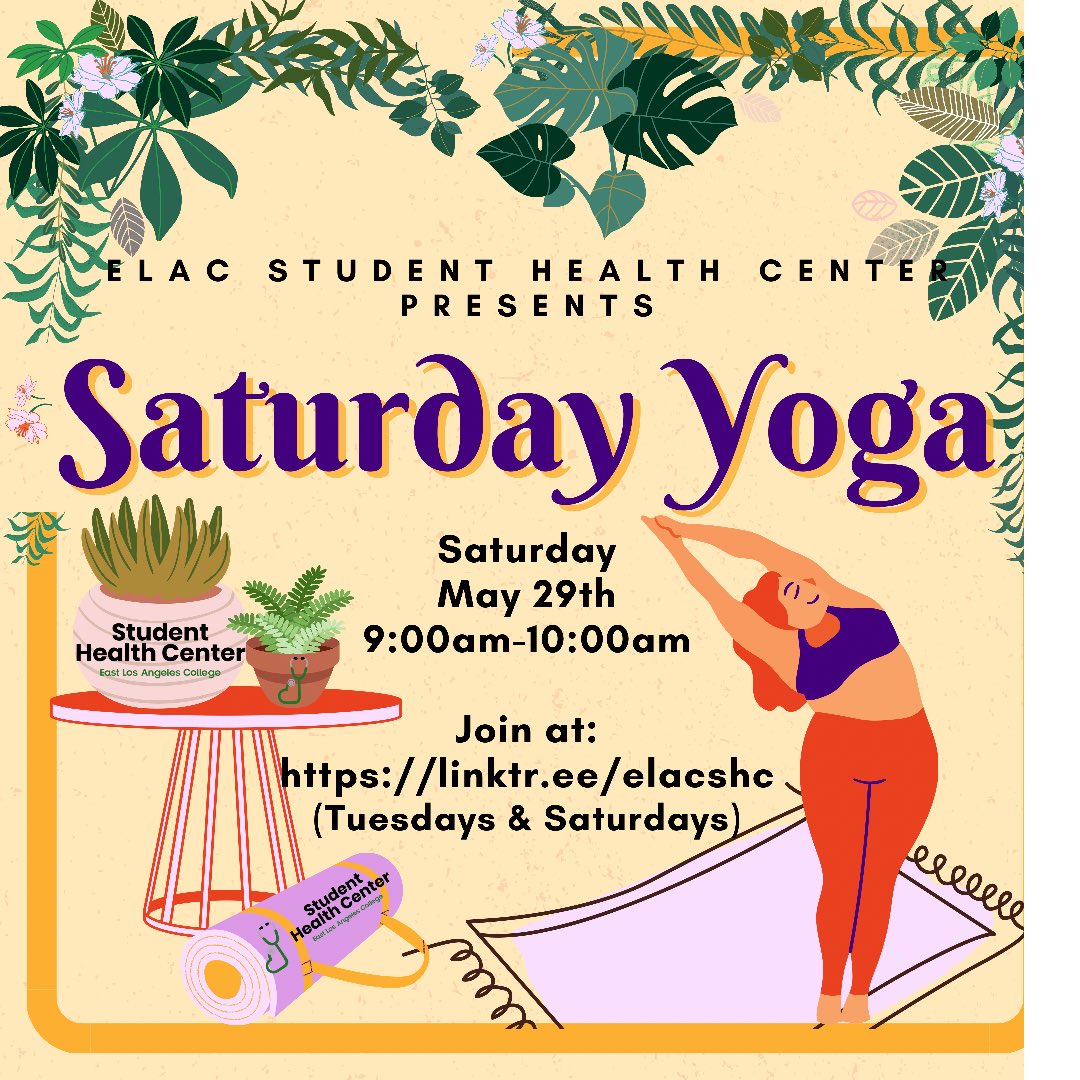 ElacHealth's tweet photo. Join us tomorrow May 28 for Some Yoga
taking place at 9:00am via Zoom
Relieve some stress while showing your body some kindness.
Camera on or off - up to you! Open to everyone.
Flex credit available to faculty.
Zoom registration links can be found in the @elacstudenthealth  bio. https://t.co/ZfJiFQT4PF