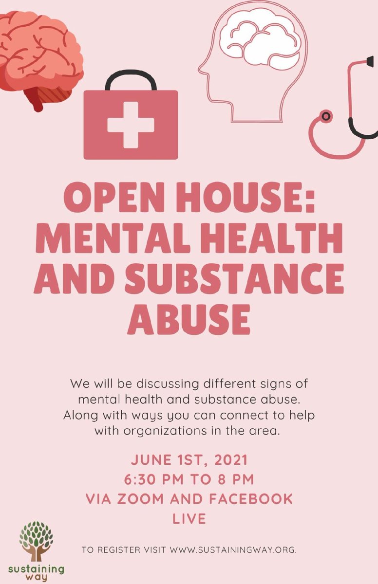 LiveWellGville's tweet photo. Join our partners at @sustainingway for their Open House on Mental Health and Substance Abuse Tuesday June 1 from 6:30-8:00PM via Zoom and Facebook Live. Register at https://t.co/WfmM04f68f https://t.co/f40no0J5OJ
