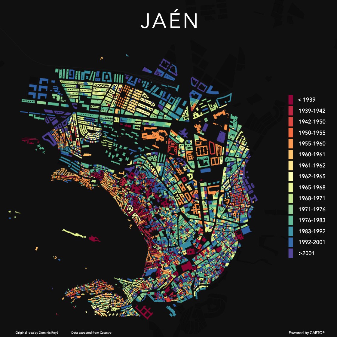 _alexgraciano's tweet photo. My afternoon toy project. Growth of the city of Jaén taking the great idea from @dr_xeo! Data have been obtained from the public repository of the #catastro and the the map has been produced using only @CARTO technology! https://t.co/JDUTmU6XWe