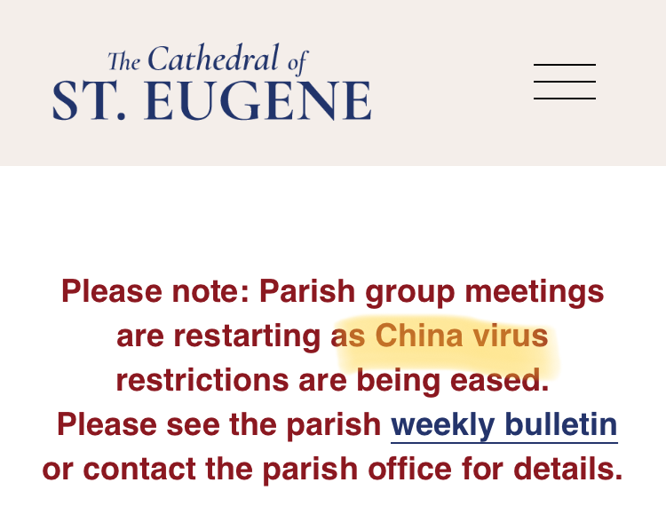 MissionBay15's tweet photo. Cathedral of St. Eugene aims to "promote fellowship within and beyond our parish" &amp; "live the Gospel", yet their website has some distinctly racist and hate-centric anti-Asian language. @USCCB @Pontifex @NorthBayNews @CityofSantaRosa @cnn @WashTheHate @CatholicCoast @BishopVasa https://t.co/IBbIVIXqKx