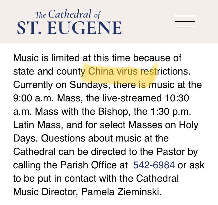 MissionBay15's tweet photo. Cathedral of St. Eugene aims to "promote fellowship within and beyond our parish" &amp; "live the Gospel", yet their website has some distinctly racist and hate-centric anti-Asian language. @USCCB @Pontifex @NorthBayNews @CityofSantaRosa @cnn @WashTheHate @CatholicCoast @BishopVasa https://t.co/IBbIVIXqKx