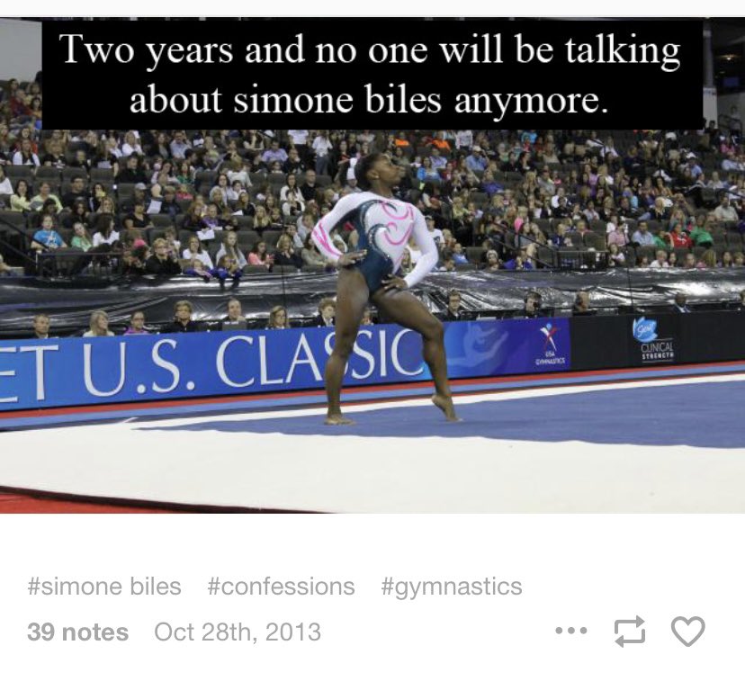 jordynsleftbrow's tweet image. if you’re ever feeling down, at least you’re not the idiot author of these gym fan confessions from 2013 claiming Simone Biles would never be a good all arounder.