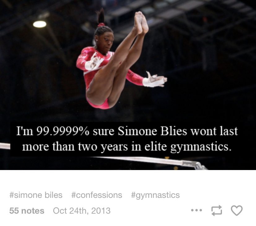 jordynsleftbrow's tweet image. if you’re ever feeling down, at least you’re not the idiot author of these gym fan confessions from 2013 claiming Simone Biles would never be a good all arounder.