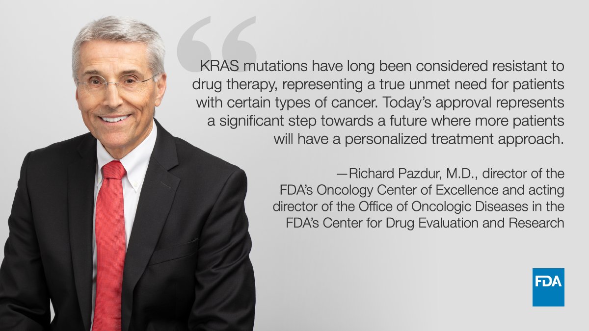 Today, FDA approved the first treatment for adult patients with non-small cell lung cancer whose tumors have a specific type of genetic mutation called KRAS G12C and who have received at least one prior systemic therapy. go.usa.gov/x6CVW
