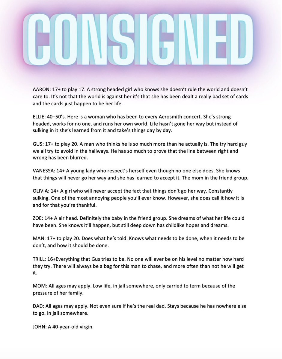 REMINDER: Auditions for “Consigned” will be due tomorrow at 5pm. We are so excited to view all of your auditions.