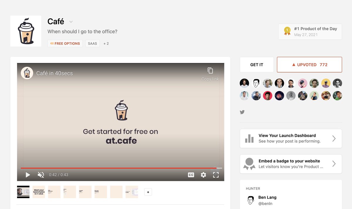 Wow... Café is the #1 Product of the Day on <a href="/ProductHunt/">Product Hunt 😸</a> for May 27, 2021 😻

Thx <a href="/benln/">Ben Lang</a> for the hunt and <a href="/rrhoover/">Ryan Hoover</a> &amp; <a href="/jmj/">Jeff Morris Jr.</a> for the support, means a lot to our team 🤗

producthunt.com/posts/cafe