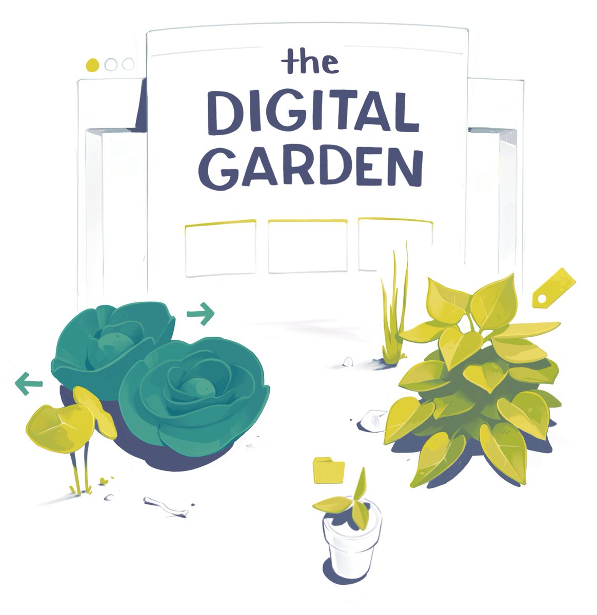 graphic illustration of the Digital garden with a mix of plants growing in the ground, a potted plant, and a few navigational icons in plant green colors