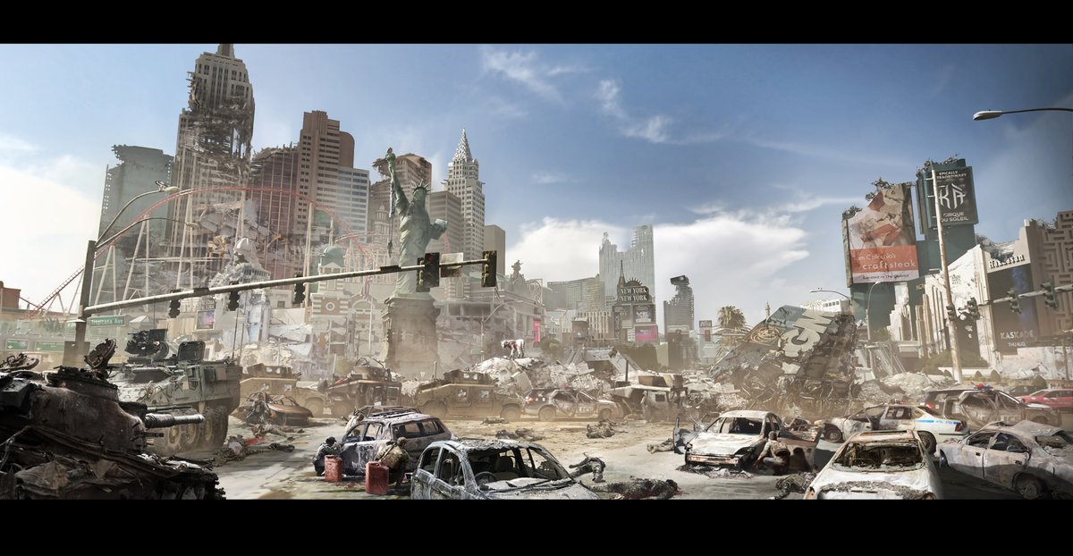 JonathanBach16's tweet photo. The last couple I wanted to share for Army of the Dead. A wide shot of where Scott and his crew cross the container wall into Vegas and an image of the corrupt guard meeting his fate with Zeus and friends.

#armyofthedead #zachsnyder #zombies #zombiemovies #conceptart https://t.co/iyrurpJbWp