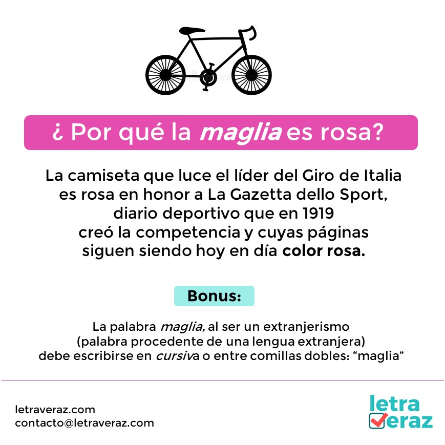 letraveraz's tweet photo. Algunos extranjerismos conservan su escritura, otros se castellanizan, pero siempre será mejor usar su equivalente. Esperamos que @Eganbernal regrese con la "maglia" o camiseta rosa. #giroditalia2021 #transcripcionesurgentes #letraveraz #transcripciones #EganBernal #audioatexto https://t.co/ESmR3ayH20