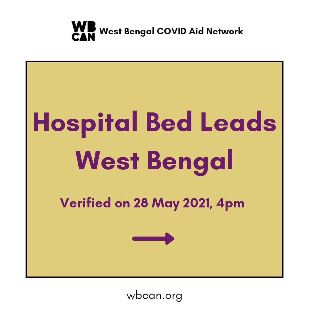 WBCAN2's tweet photo. Verified Hospital bed leads West Bengal 28May
Data checked by our volunteers, but due to dynamic nature of products &amp; services, real time availability not guaranteed.
1/3
#COVID19India #covidresources #covidresourcesindia #covidrelief #hospital #hospitalbed #wbcan #WestBengal https://t.co/jXVhnLIwk4