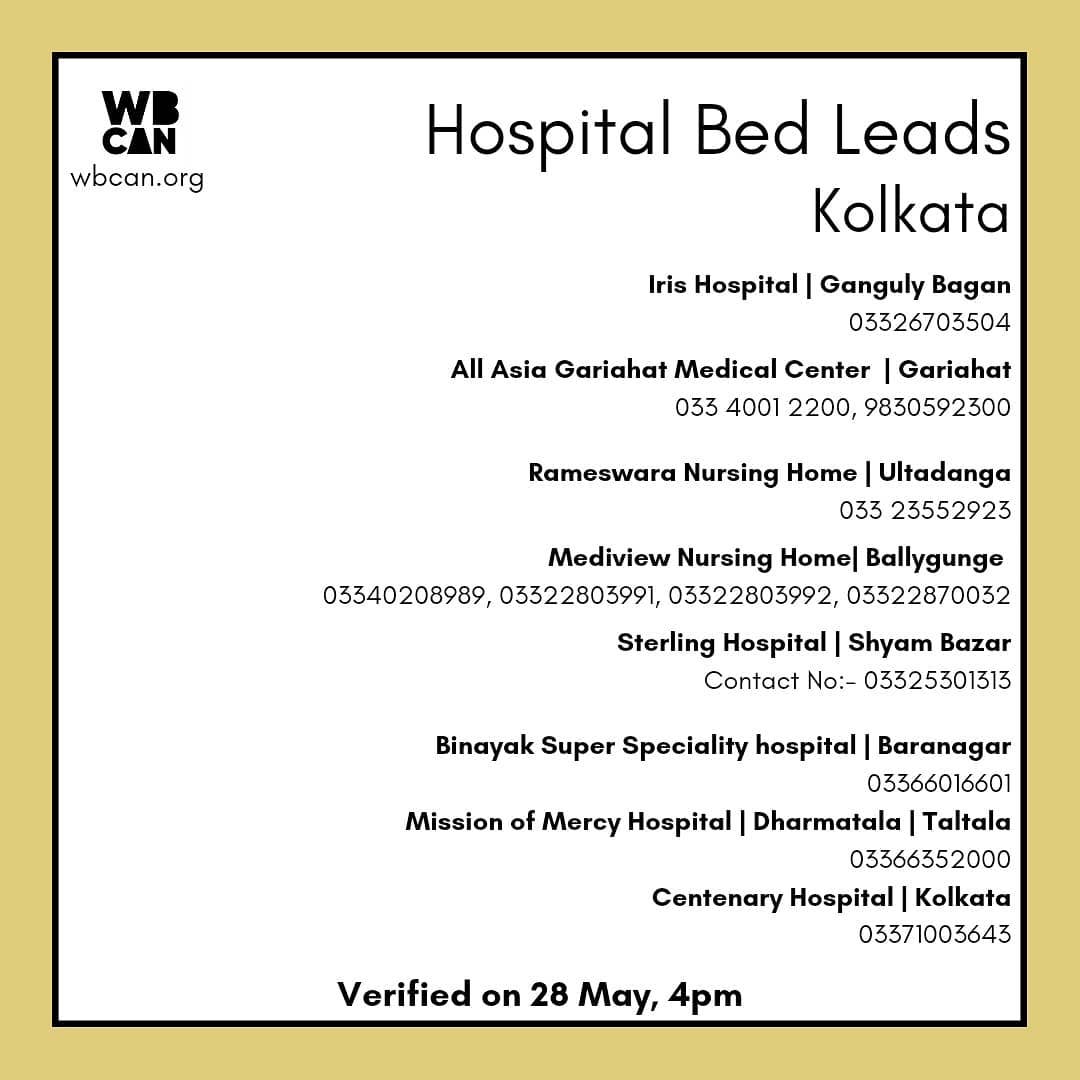 WBCAN2's tweet photo. Verified Hospital bed leads West Bengal 28May
Data checked by our volunteers, but due to dynamic nature of products &amp; services, real time availability not guaranteed.
1/3
#COVID19India #covidresources #covidresourcesindia #covidrelief #hospital #hospitalbed #wbcan #WestBengal https://t.co/jXVhnLIwk4
