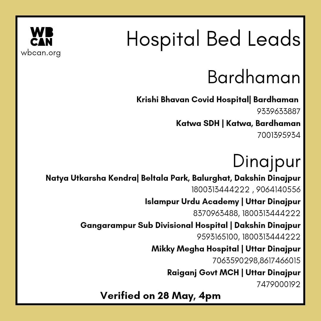 WBCAN2's tweet photo. Verified Hospital bed leads West Bengal 28May
Data checked by our volunteers, but due to dynamic nature of products &amp; services, real time availability not guaranteed.
2/3
#COVID19India #covidresources #covidresourcesindia #covidrelief #hospital #hospitalbed #wbcan #WestBengal https://t.co/1DqQov6ETP