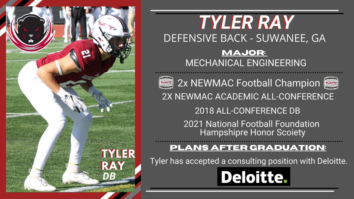 Senior Cornerback Tyler Ray was an All-NEWMAC DB in 2018, and led our defense in INTs in 2019! Tyler will be taking his talents to Deloitte, where he’ll work in consulting. Congratulations T-Ray! #RollTech🦫🏈🎓