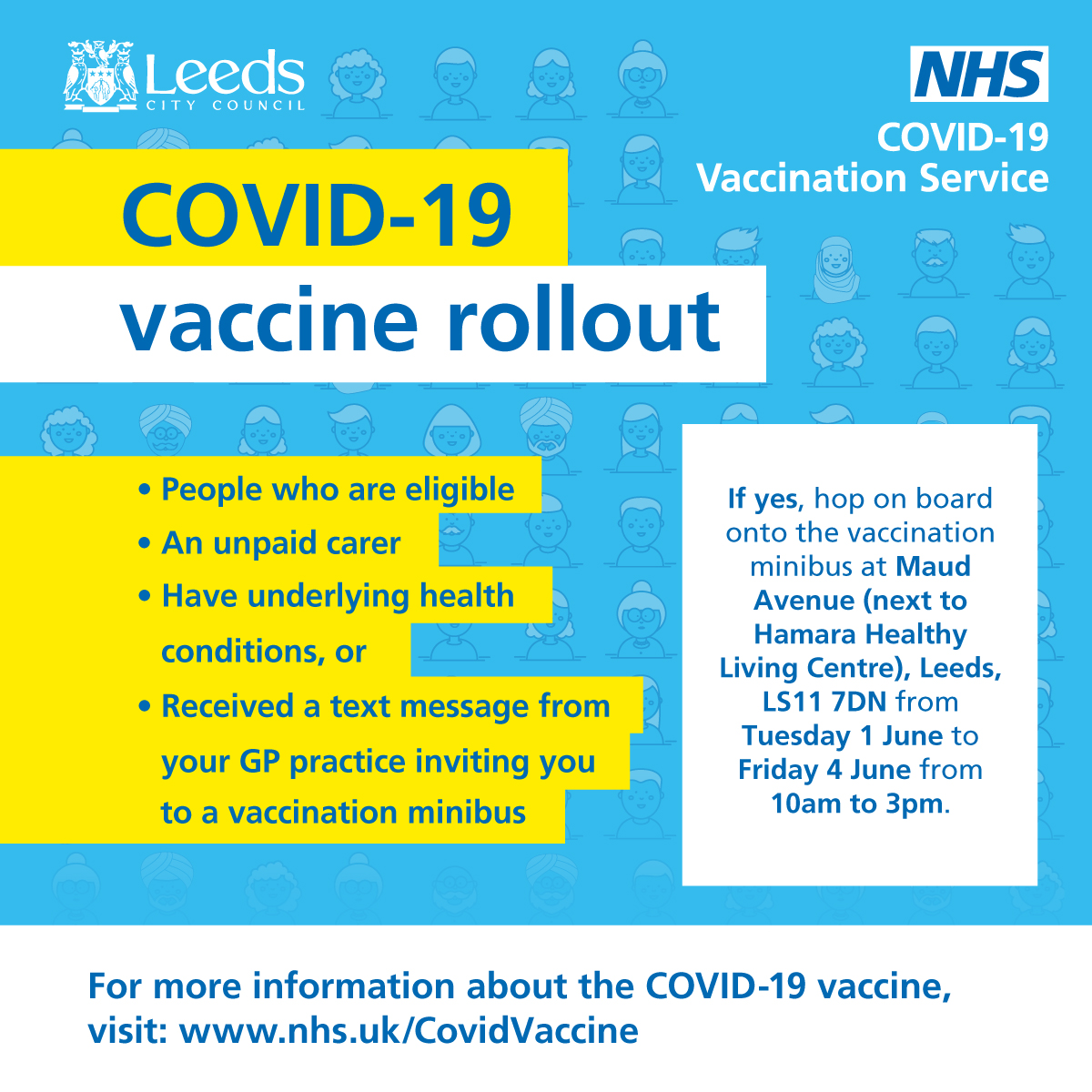 A Covid vaccine minibus will be on Maud Ave next to @HamaraCentre in #BeestonHill from Tues 1 June and AstraZeneca will be on the menu. It's free & no appointment needed! Healthcare professionals will also be available to answer any questions you may have about the vaccine