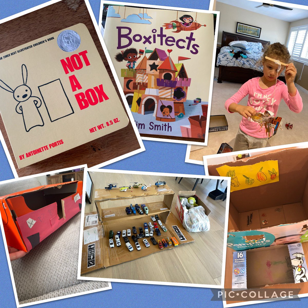 mswhites_class's tweet photo. We are super proud of the thinking,  problem solving &amp; creativity of our friends with their box stem challenge! Butterfly mobiles, houses, cars, robots, a grocery store &amp; garden centre, a bird, a castle, a coin game and a police garage! Great Boxitects! @alcdsb_trsa https://t.co/JN54qm8Yte
