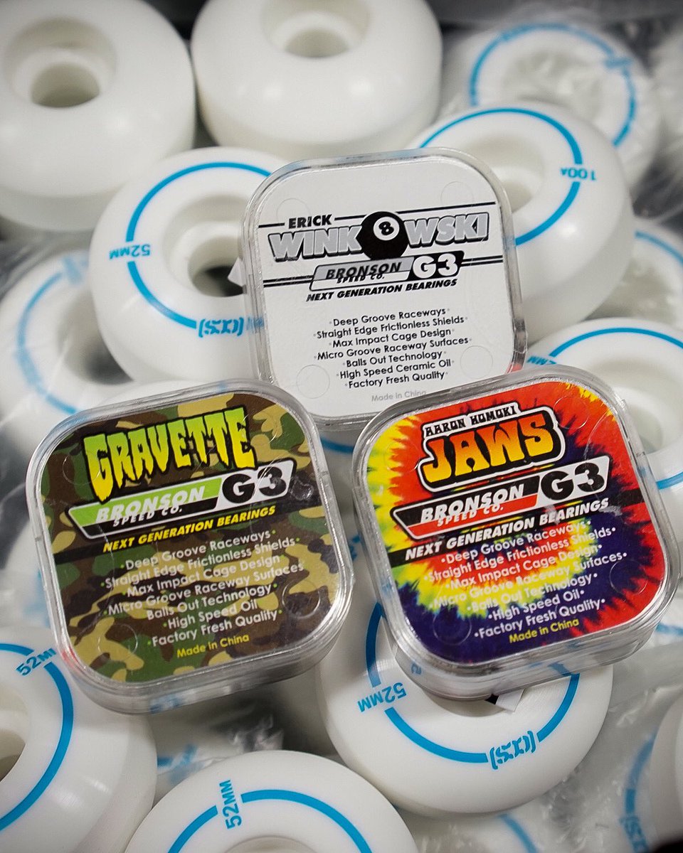 CCS_Skate's tweet photo. A triple thrash threat of CCS Pros representing for Bronson Speed Co. 
Erick Winkowski, David Gravette, and Jaws all have signature Pro G3 bearings available right now from @bronsonspeedco and we’ve got them all in stock.
.
#ccspro #ccsskate https://t.co/wCWIN4CQdK