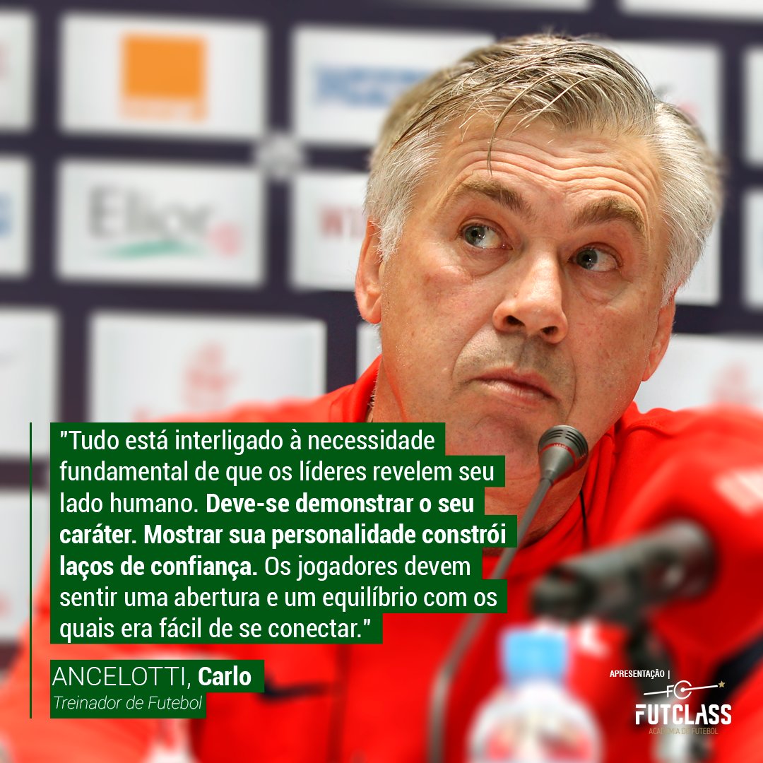 futclassoficial's tweet photo. LADO HUMANO DO LÍDER ⚽
•
O líder deve mostrar quem ele é de verdade, assim ele consegue criar um laço de confiança.
•
O vitorioso treinador italiano Carlo Ancelotti fala que ao fazer isso, o jogador se sente confortável para se conectar ao líder. O que você acha? https://t.co/lF7OsBhzCK