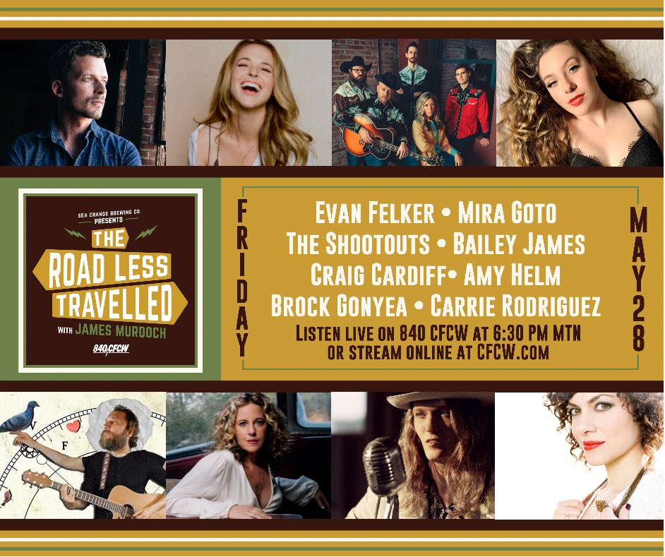 Music from #evanfelker, <a href="/miragoto/">Mira Goto</a>, <a href="/shootoutsmusic/">The Shootouts</a>, <a href="/BaileyJamesGang/">Bailey James</a>, <a href="/CraigCardiff/">@craigcardiff</a>, <a href="/AmyHelmMusic/">Amy Helm</a>, <a href="/brock_gonyea/">Brock Gonyea</a> and <a href="/carriemusictx/">Carrie Rodriguez</a> tonight on the show! Tune in at 6:30 PM MTN on <a href="/840cfcw/">840 CFCW</a> or stream online at CFCW.com. Presented by <a href="/SeaChangeBeer/">Sea Change Brewing</a>!