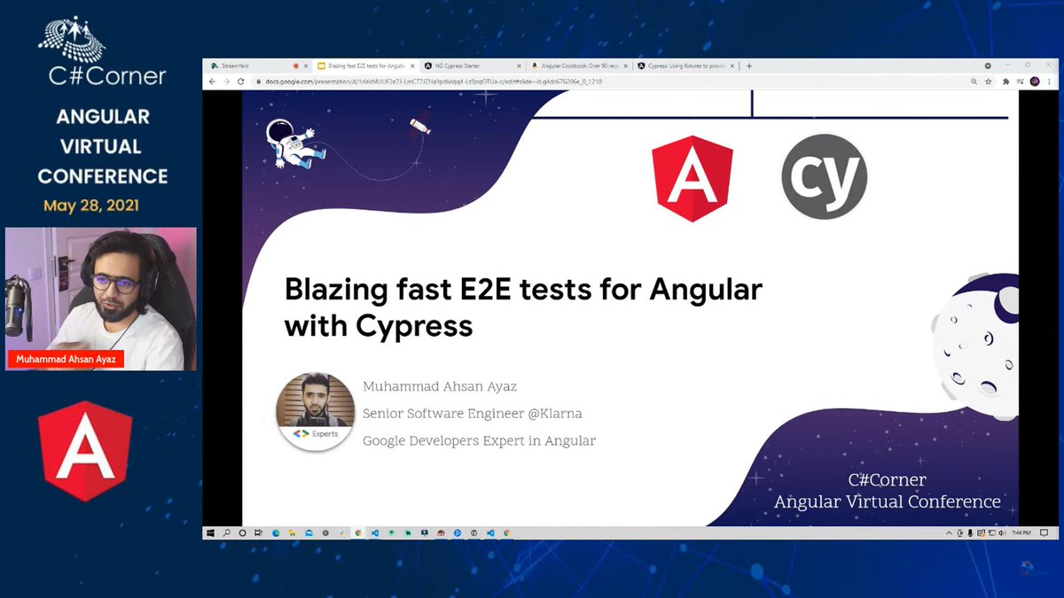 CSharpDotTV's tweet photo. C# Corner Angular Virtual Conference: Welcome @muhd_ahsanayaz, who is talking about blazing fast E2E tests for Angular Apps with Cypress!
Catch him live here>> https://t.co/ACnqgFff6N
#CsharpLiveShow #VirtualConference #Angular #AngularConference #ngcsharpcorner https://t.co/DRhMk7zxEQ