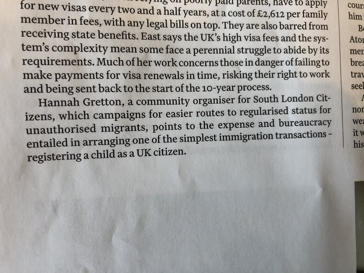 HeidiShewell's tweet photo. Just catching up with @FT reading #LifeInTheShadows last weekend & my ever brilliant colleague @hannah_gretton @SLondonCitizens pops up, sharing the complexity & costs of child citizenship. A @CitizensUK campaign https://t.co/I1cl7vRMDd