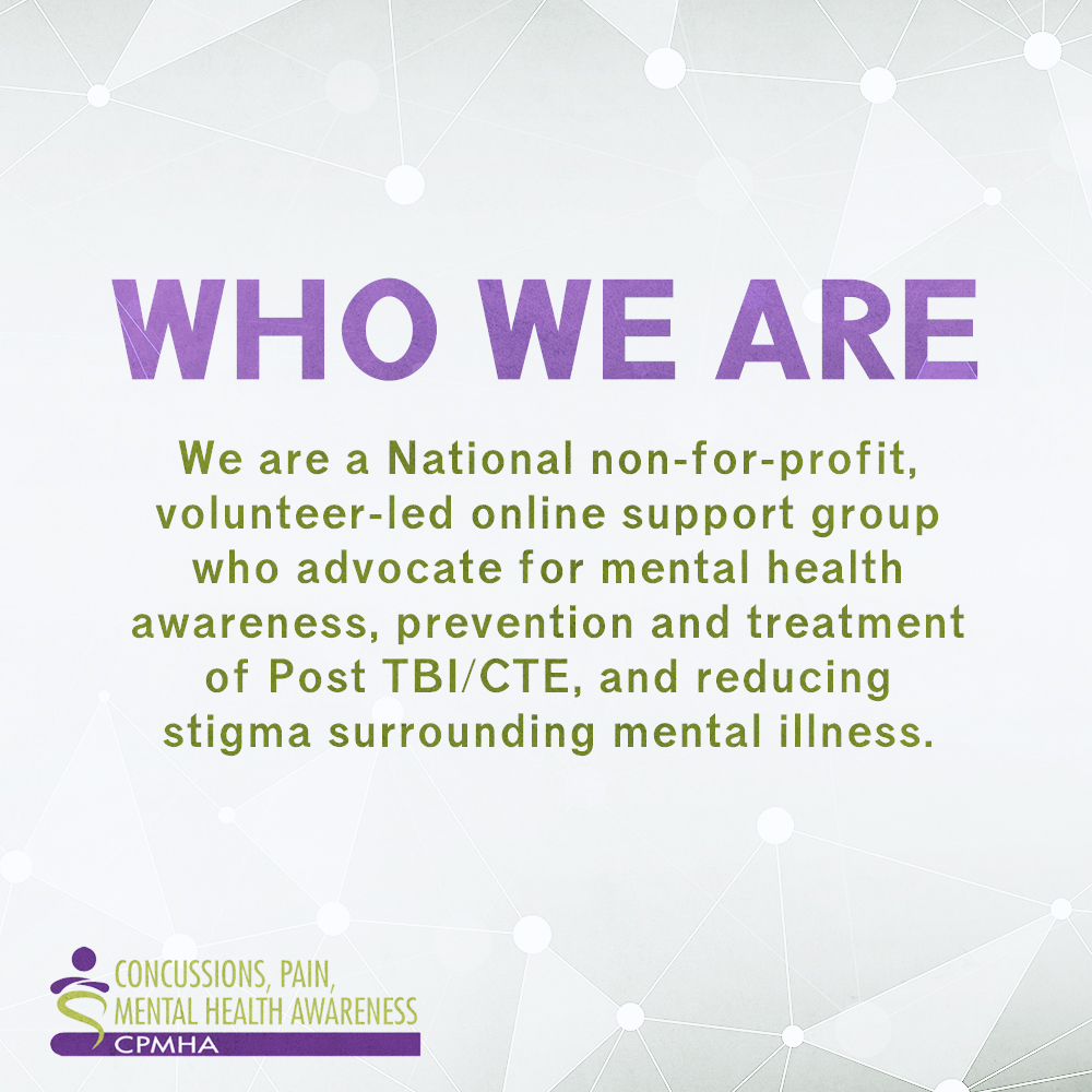 CPMHAwareness's tweet image. We are CPMHA, a nonprofit organization that works to raise awareness and provide assistance to those suffering from sport-related brain injuries and general mental health issues. Scroll through this post to see our mission statement and visit concussionspainmentalhealth.com to learn more