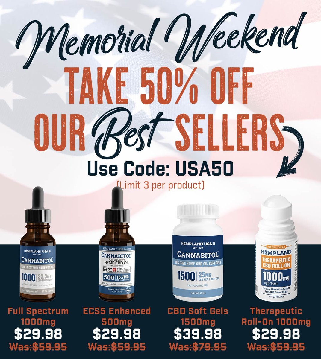 HempLandUSA's tweet photo. Our Memorial Day Sale starts N O W! Save 50% on our Best Sellers with USA50 at checkout. 

https://t.co/n6o9o59kSA https://t.co/dasv3KpIpl