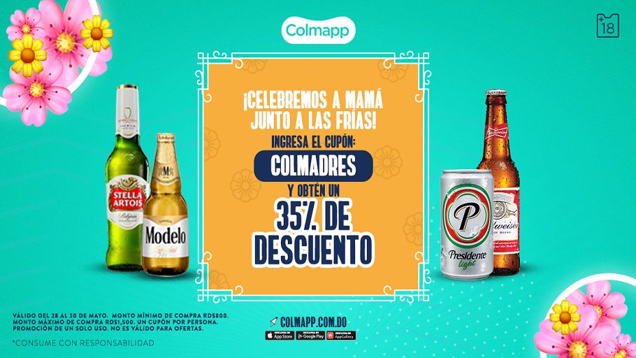 tadadeliveryrd's tweet photo. ¡Celebremos juntos con mamá! Aprovecha un 35% de descuento en tus cervezas favoritas usando el código “COLMADRES”⁣

*Válido del viernes 28 al domingo 30 de mayo 2021. Aplica para una compra mínima de RD$800 hasta un máximo de RD$1,500. Solo 1 uso por usuario. #Colmapp https://t.co/Z6vXtbC4WK