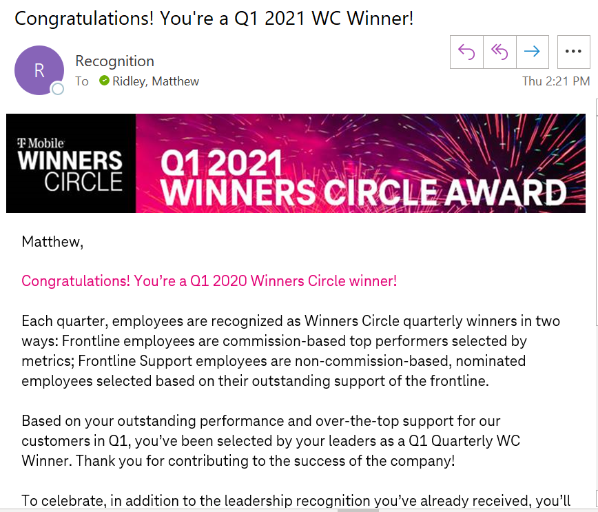 mridleySF's tweet photo. Honored to be a @TMobileBusiness  Q1 Winners Circle Award recipient. https://t.co/2XyOzs7eyv