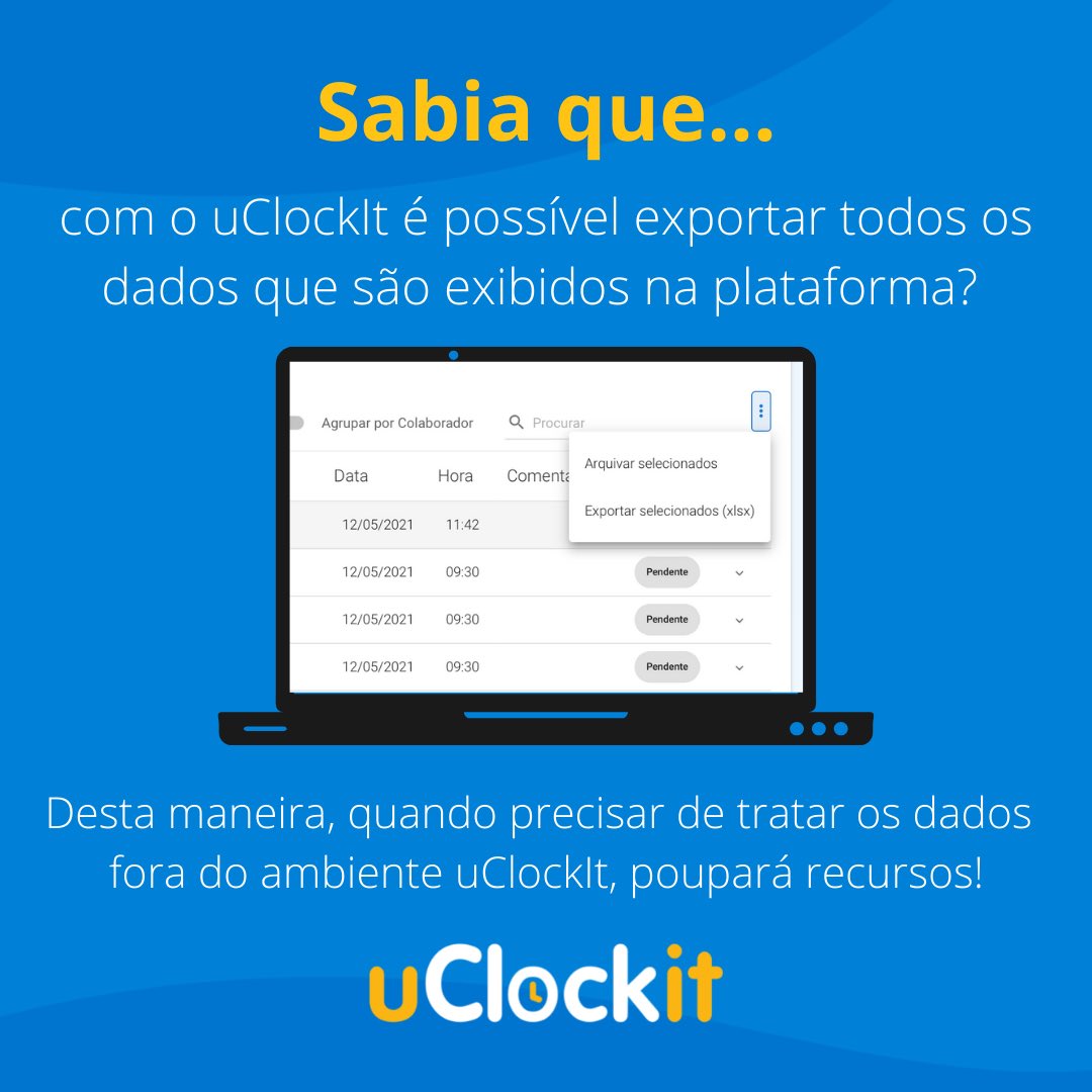 Uclockit's tweet photo. O uClockIt permite que todos os dados que coleta e guarda, como é o caso das picagens ou ausências dos seus colaboradores, sejam exportados, de forma individual ou coletiva.

Conheça melhor esta e outras funcionalidades que o #uClockIt tem para oferecer à sua organização! https://t.co/PDs3OZhQPb