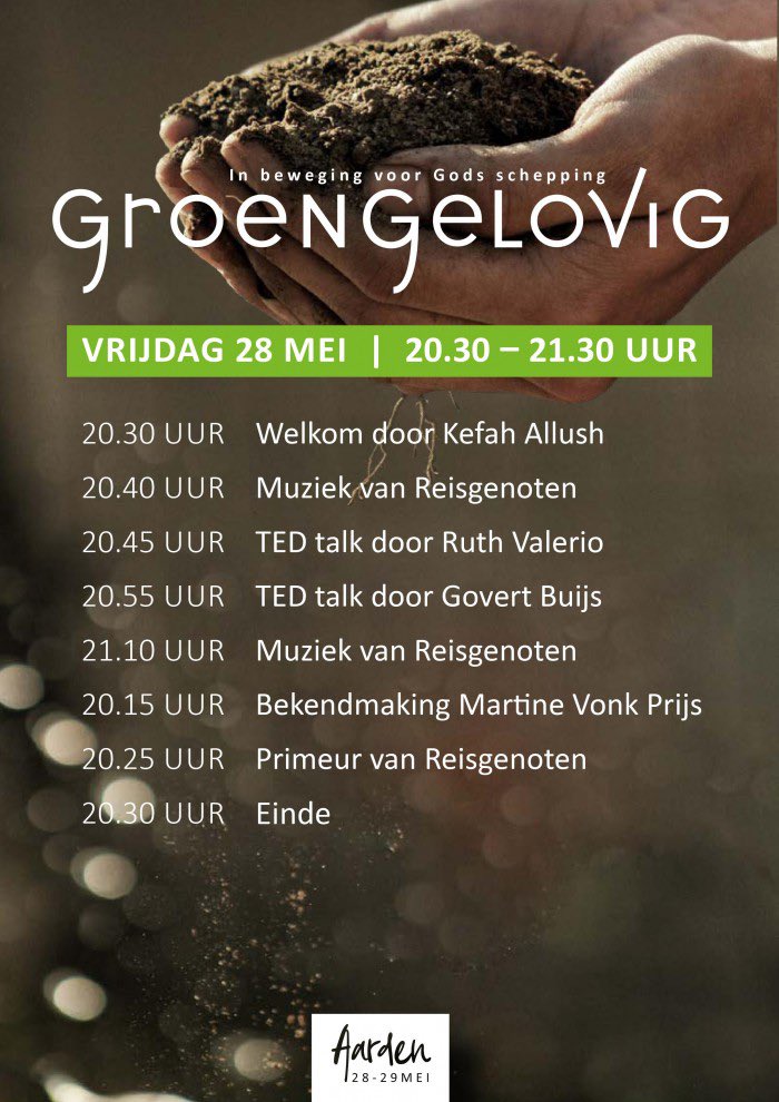 Vanavond komen we in beweging voor Gods schepping tijdens de eerste avond van #GroenGelovig. 

Er zijn nog kaarten beschikbaar voor een inspirerende avond met @KefahAllush <a href="/ruthvalerio/">Dr Ruth Valerio</a> en Govert Buijs 👉🏼 groengelovig.nl