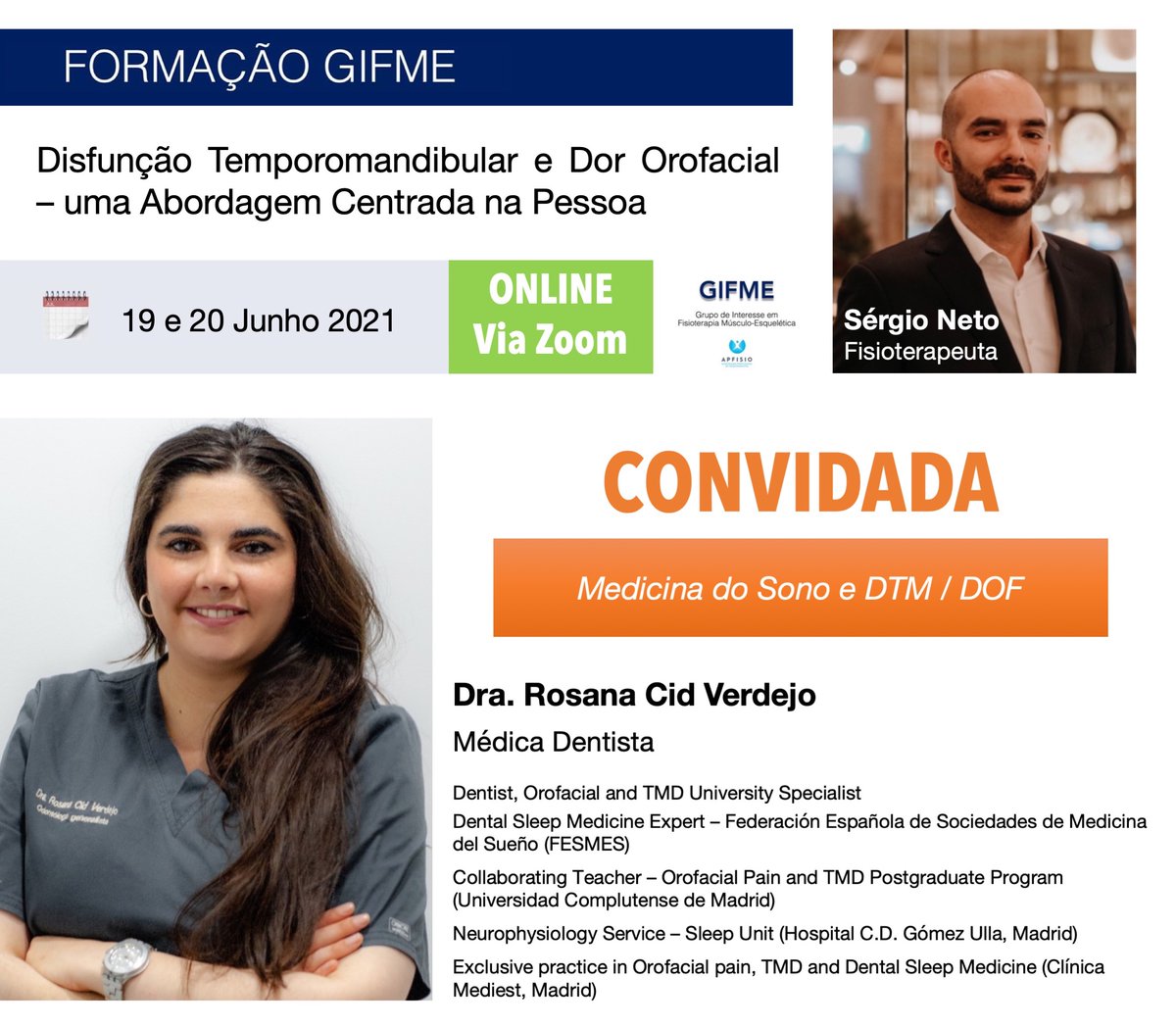 GifmeA's tweet photo. 📣 A Dra. Rosana Cid Verdejo, médica dentista, apoiará o FT @smendesneto na Formação GIFME.

📎https://t.co/1Iakk72CWX

#GIFME #fisioterapia #FormaçãoGIFME  #DTM #DOF #disfunçãotemporomandibular #dororofacial #msk #musculoskeletal #dentist #dentista #sono #sleep #sleepmedicine https://t.co/DXe1SQ3wzc