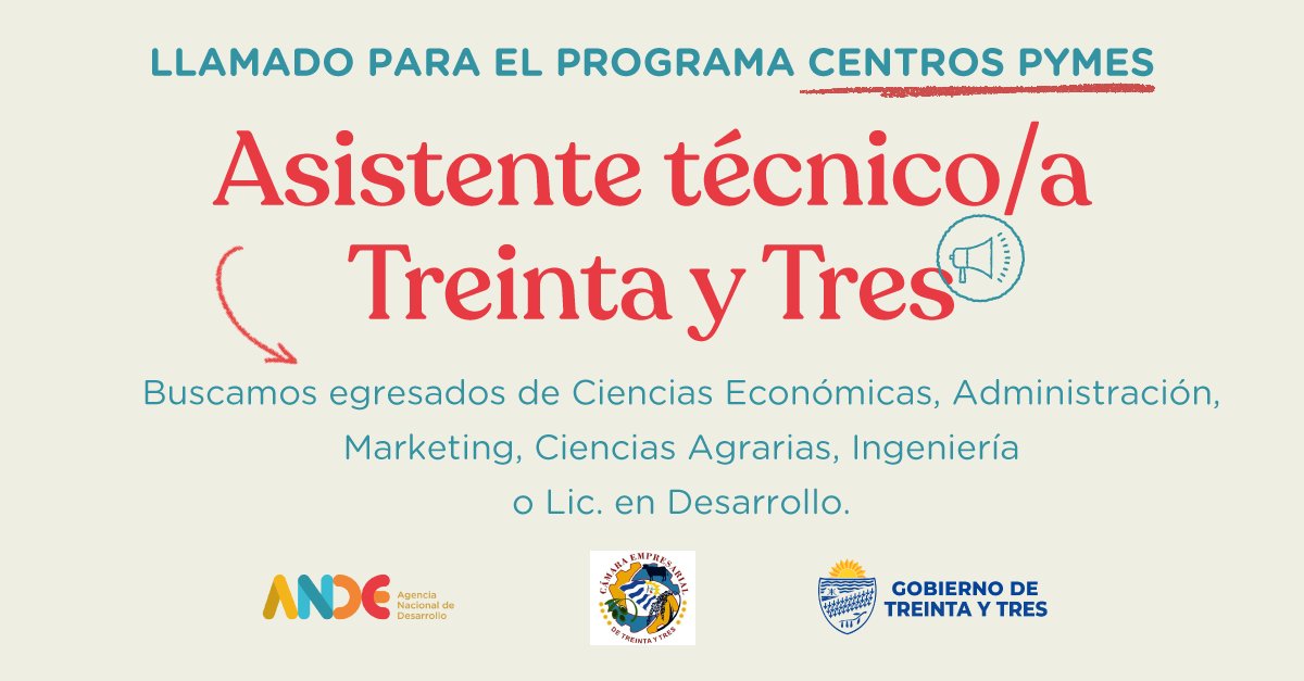 ANDEUruguay's tweet photo. ¡Sumate al equipo del Centro Pyme de Treinta y Tres! 🙌
📋 Seleccionamos Coordinador/a y Asistente técnico/a. 

Postulate hasta el 14 de junio ⏩ https://t.co/QctxU7Q3aQ https://t.co/BWJRhlu932
