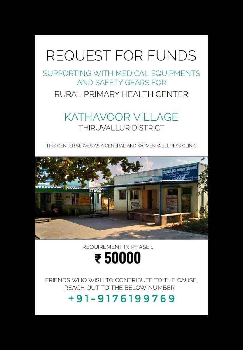 DhivCM's tweet image. #FundRequest for basic a
Medical equipments and safety gears at Kathavoor PHC in Thiruvallur District. This centre shall support with basic healthcare and pregnancy wellness for the villagers.

For Contributions and more details, do reach out to me or @dilipsrinivasan 

Thanks!