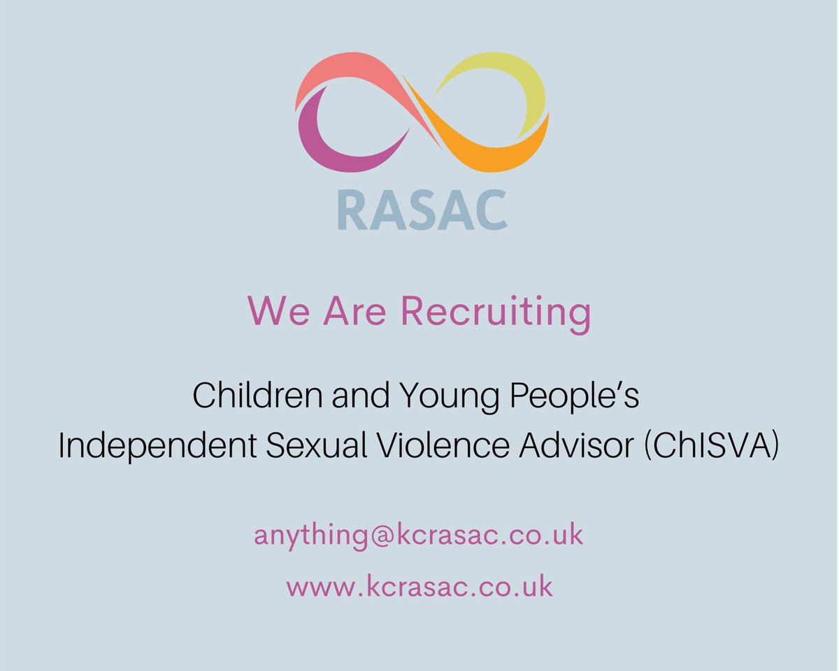 CHYPSKCRASAC1's tweet photo. We are recruiting! 

For more information on the ChISVA role and how to apply go to- https://t.co/6VvR6NYJ7E

You can also request an application pack via anything@kcrasac.co.uk or call our Helpline on 0300 303 4787 

Closing date is 20th June 2021 at 5pm. https://t.co/frkVOiLvR9