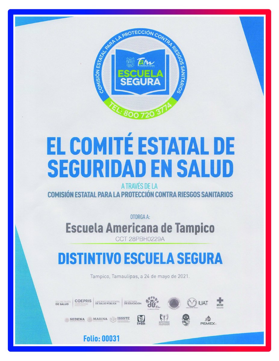 ATS recibe distintivo de Escuela Segura emitido por la Comisión Estatal para la Protección contra Riesgos Sanitarios.
