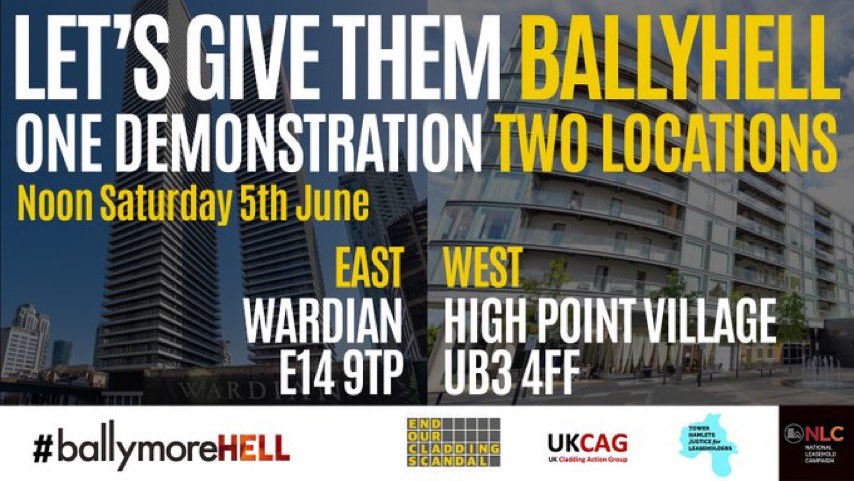 Please join our demonstrations and retweet:

Saturday 5th June, 12pm

East London: Wardian London, E14 9TP
West London: High Point Village UB3 4FF

Visit our Facebook event page for more information.

m.facebook.com/29883706488780…

#LeaseholdScandal #BuildingSafetyCrisis