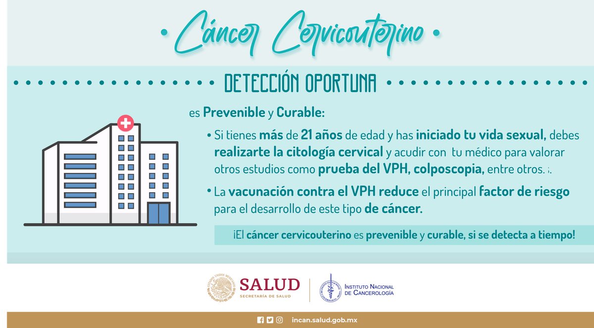 incanMX's tweet photo. El Cáncer Cervicouterino puede prevenirse a través de acciones como:
- Vacunación contra VPH
-Papanicolau como estudio de rutina 
-Detección y tratamiento de lesiones pre cancerosas
#SaludDeLasMujeres https://t.co/LUVNHLl8dm