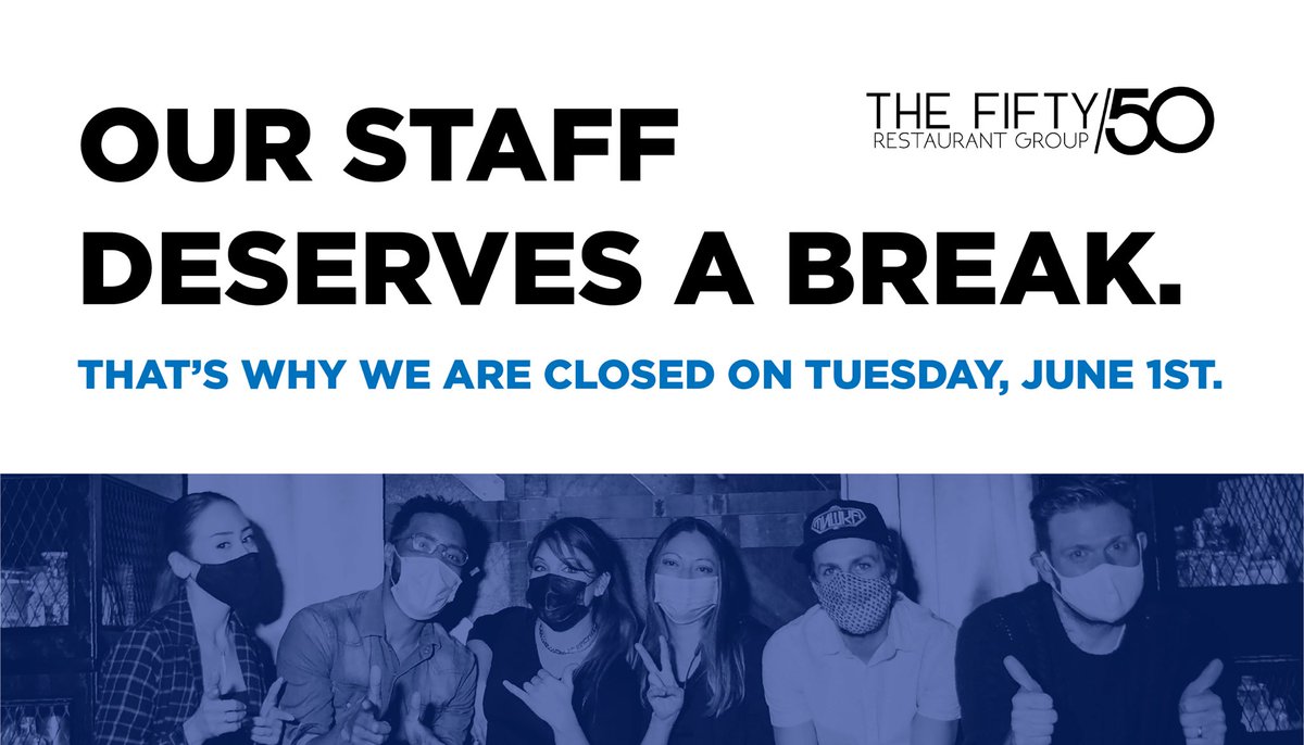 TheFifty50Group's tweet photo. THANK YOU to every guest that has supported our restaurants over the past few months - It feels great to enjoy life together again. Our team has endured long work days and weeks to make reopening possible. To say the least, we are very happy and grateful...but also a little tired https://t.co/svkPk4cpsd