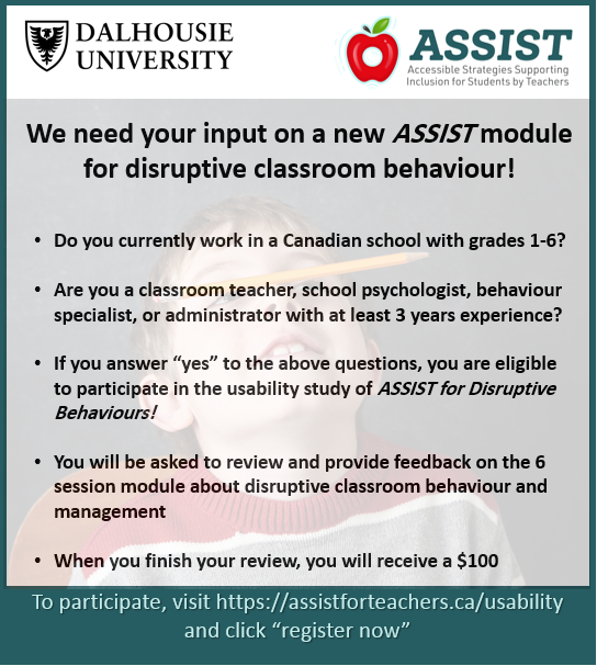 ASSIST_teachers's tweet photo. We want to hear from elementary classroom teachers and stakeholders (e.g., school psychologists, principals, behaviour specialists)!
Visit https://t.co/jClVRxMCAD and click "register now"! https://t.co/DJ1cuK9nuy