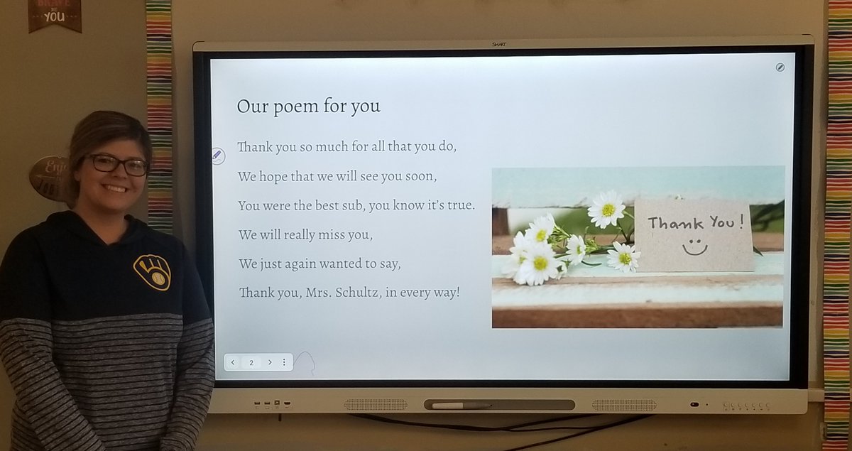 SMS_Owls's tweet photo. Kid's in Mrs. Schulz's 7th/8th hour math class made a Thank You Slideshow for her last day as the long-term sub for Mrs. Schlessinger.  In the words of Mrs. Noonan, "The kids are "so sweet!" https://t.co/Iz6aV4Uhvz