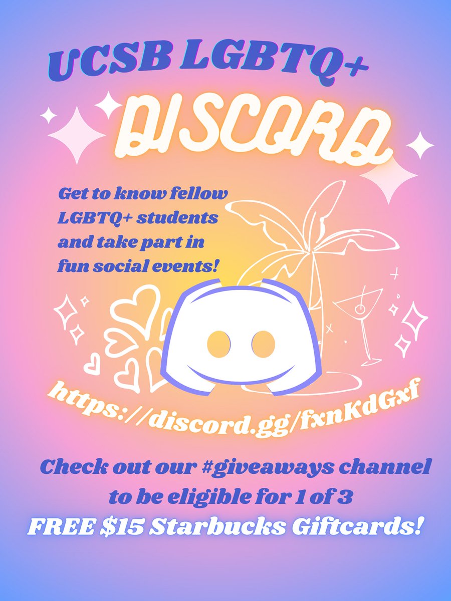 UCSBTQC's tweet photo. Our Discord for #UCSB LGBTQ+ students just launched!! 🎉✨ Join to win prizes in our giveaways, talk to your fellow gauchos, and even make some new relationships to look forward to once we’re back in person!! 💖 https://t.co/h3GKjgZpNq