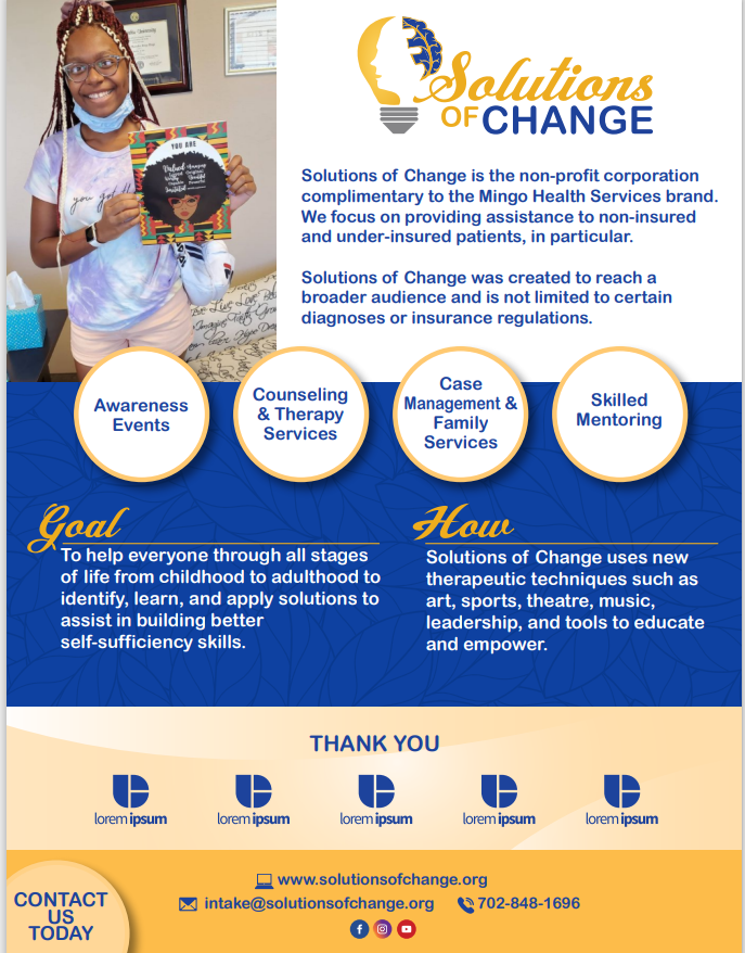 Solutionsofcha1's tweet photo. If you or someone you know is in need of therapy, case management, mentoring and more, but do not have insurance or are underinsured call SOC. Solutions of Change is here to break the social stigma and financial barriers sounding Mental Health. https://t.co/w2bfiGzp0Z